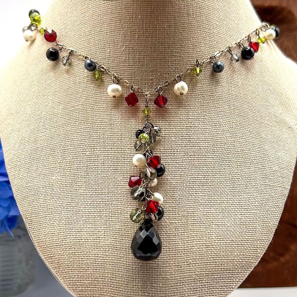 Sterling Silver 925 Necklace with Pearl, Black Green and Red Crystal Beads 16"